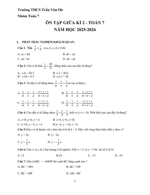 Ôn tập giữa kì 2 Toán 7 năm 2025 – 2026 trường THCS Trần Văn Ơn – TP HCM